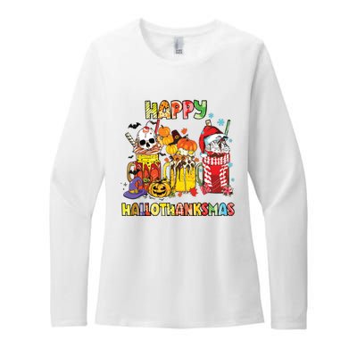 Coffee Halloween Thanksgiving Christmas Happy Hallothanksmas Womens CVC Long Sleeve Shirt