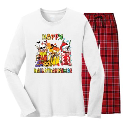 Coffee Halloween Thanksgiving Christmas Happy Hallothanksmas Women's Long Sleeve Flannel Pajama Set 