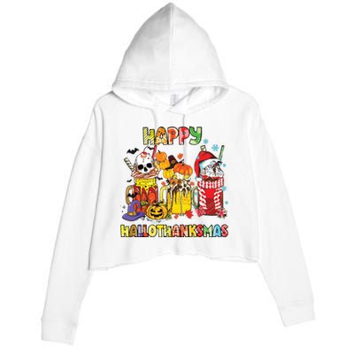 Coffee Halloween Thanksgiving Christmas Happy Hallothanksmas Crop Fleece Hoodie