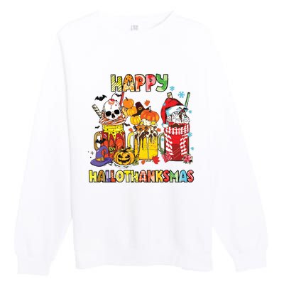 Coffee Halloween Thanksgiving Christmas Happy Hallothanksmas Premium Crewneck Sweatshirt