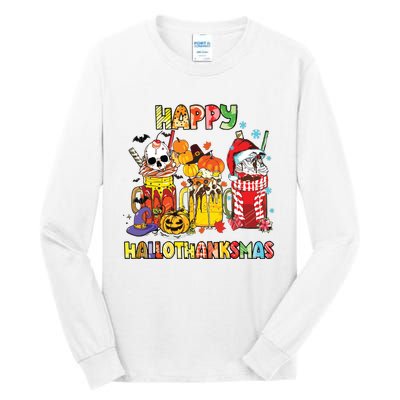 Coffee Halloween Thanksgiving Christmas Happy Hallothanksmas Tall Long Sleeve T-Shirt