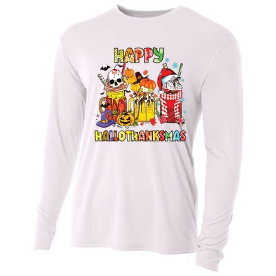 Coffee Halloween Thanksgiving Christmas Happy Hallothanksmas Cooling Performance Long Sleeve Crew