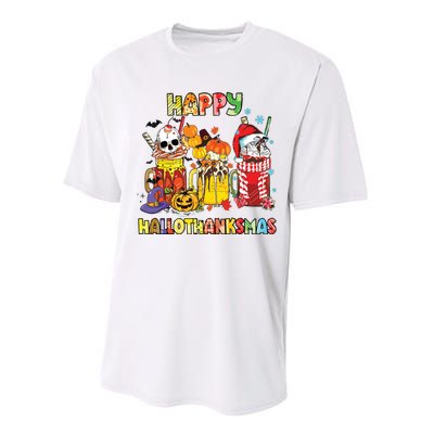 Coffee Halloween Thanksgiving Christmas Happy Hallothanksmas Performance Sprint T-Shirt