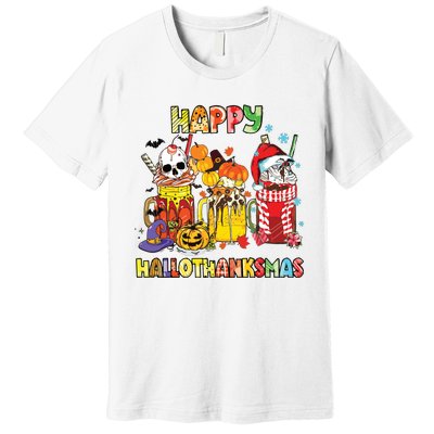 Coffee Halloween Thanksgiving Christmas Happy Hallothanksmas Premium T-Shirt