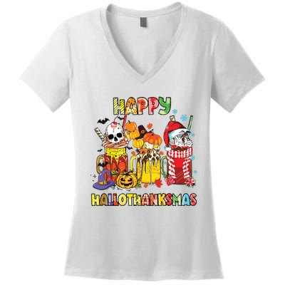 Coffee Halloween Thanksgiving Christmas Happy Hallothanksmas Women's V-Neck T-Shirt