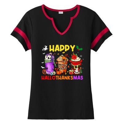 Coffee Halloween Thanksgiving Christmas Happy Hallothanksmas Ladies Halftime Notch Neck Tee