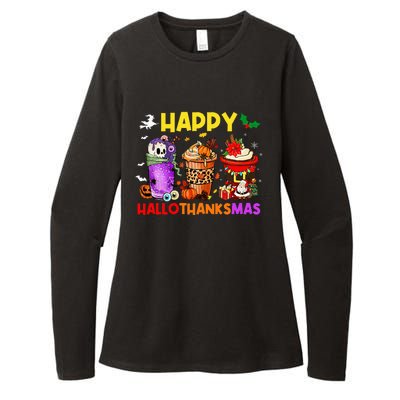 Coffee Halloween Thanksgiving Christmas Happy Hallothanksmas Womens CVC Long Sleeve Shirt