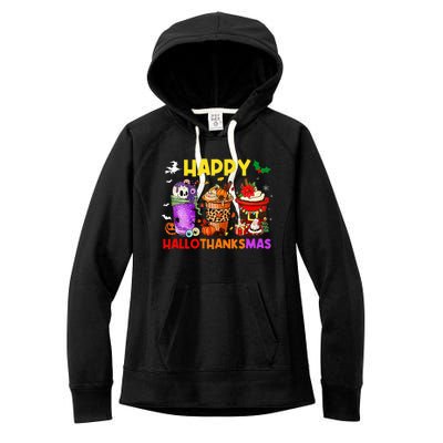 Coffee Halloween Thanksgiving Christmas Happy Hallothanksmas Women's Fleece Hoodie