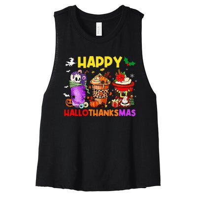 Coffee Halloween Thanksgiving Christmas Happy Hallothanksmas Women's Racerback Cropped Tank