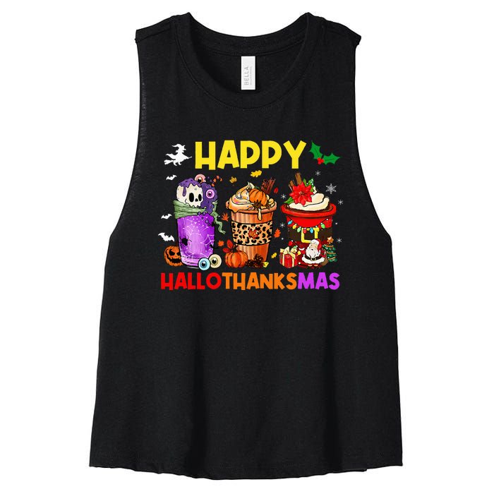 Coffee Halloween Thanksgiving Christmas Happy Hallothanksmas Women's Racerback Cropped Tank