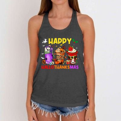 Coffee Halloween Thanksgiving Christmas Happy Hallothanksmas Women's Knotted Racerback Tank