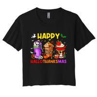 Coffee Halloween Thanksgiving Christmas Happy Hallothanksmas Women's Crop Top Tee