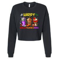 Coffee Halloween Thanksgiving Christmas Happy Hallothanksmas Cropped Pullover Crew