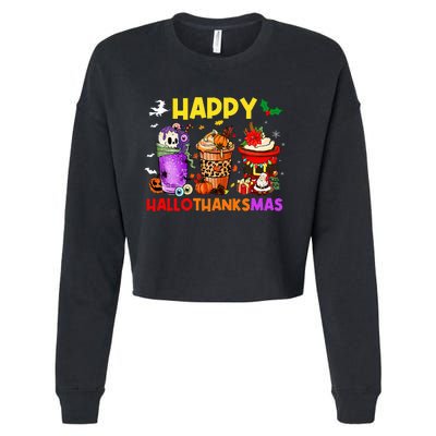 Coffee Halloween Thanksgiving Christmas Happy Hallothanksmas Cropped Pullover Crew