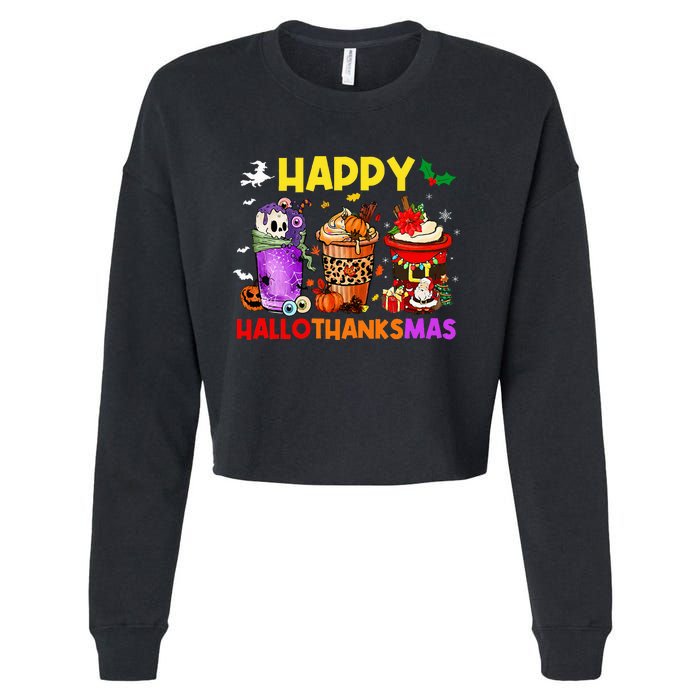 Coffee Halloween Thanksgiving Christmas Happy Hallothanksmas Cropped Pullover Crew