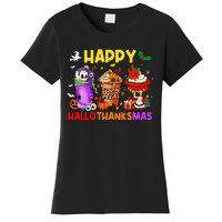 Coffee Halloween Thanksgiving Christmas Happy Hallothanksmas Women's T-Shirt