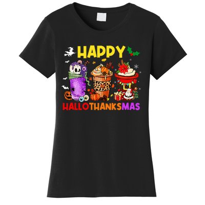 Coffee Halloween Thanksgiving Christmas Happy Hallothanksmas Women's T-Shirt