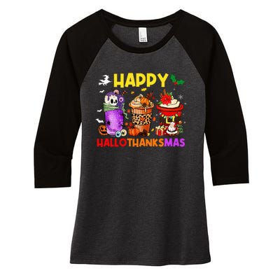 Coffee Halloween Thanksgiving Christmas Happy Hallothanksmas Women's Tri-Blend 3/4-Sleeve Raglan Shirt