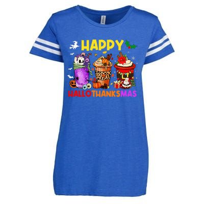 Coffee Halloween Thanksgiving Christmas Happy Hallothanksmas Enza Ladies Jersey Football T-Shirt