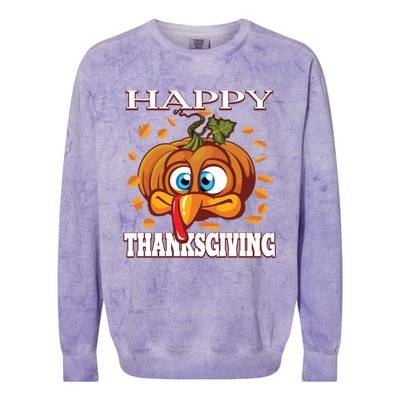 Cute Happy Thanksgiving Pumpkin Turkey Face Gift Colorblast Crewneck Sweatshirt