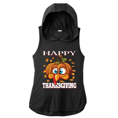 Cute Happy Thanksgiving Pumpkin Turkey Face Gift Ladies PosiCharge Tri-Blend Wicking Draft Hoodie Tank