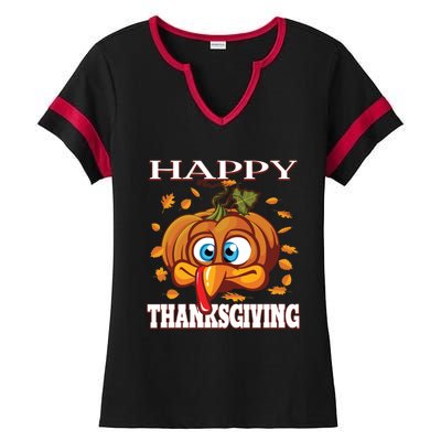 Cute Happy Thanksgiving Pumpkin Turkey Face Gift Ladies Halftime Notch Neck Tee