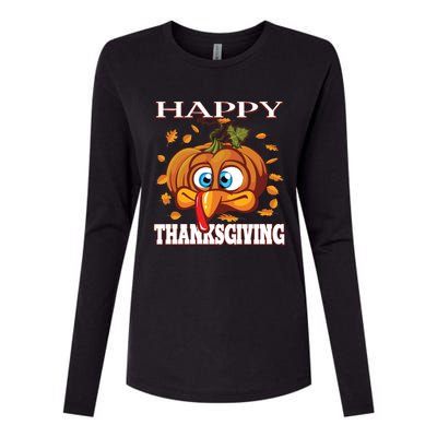 Cute Happy Thanksgiving Pumpkin Turkey Face Gift Womens Cotton Relaxed Long Sleeve T-Shirt