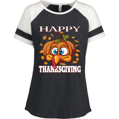 Cute Happy Thanksgiving Pumpkin Turkey Face Gift Enza Ladies Jersey Colorblock Tee