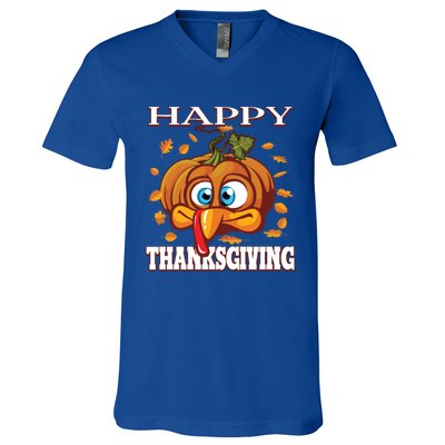 Cute Happy Thanksgiving Pumpkin Turkey Face Gift V-Neck T-Shirt