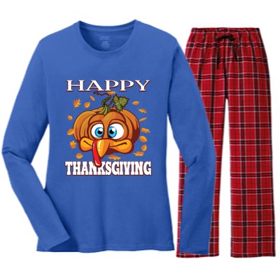 Cute Happy Thanksgiving Pumpkin Turkey Face Gift Women's Long Sleeve Flannel Pajama Set 