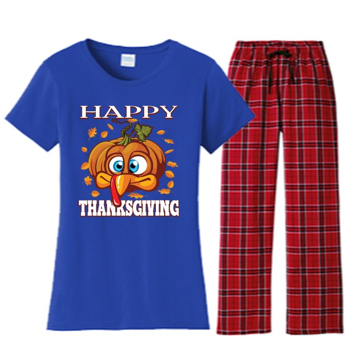 Cute Happy Thanksgiving Pumpkin Turkey Face Gift Women's Flannel Pajama Set