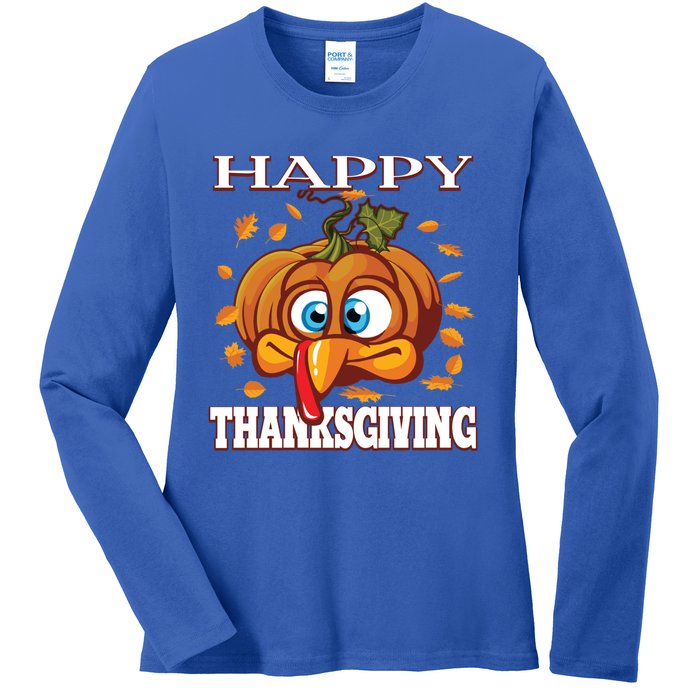 Cute Happy Thanksgiving Pumpkin Turkey Face Gift Ladies Long Sleeve Shirt