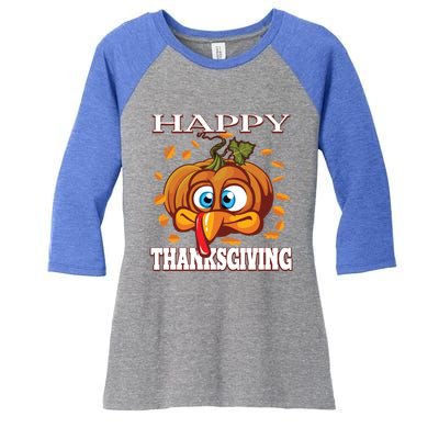 Cute Happy Thanksgiving Pumpkin Turkey Face Gift Women's Tri-Blend 3/4-Sleeve Raglan Shirt