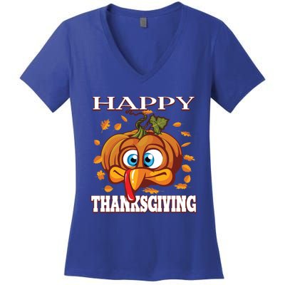 Cute Happy Thanksgiving Pumpkin Turkey Face Gift Women's V-Neck T-Shirt