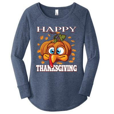 Cute Happy Thanksgiving Pumpkin Turkey Face Gift Women's Perfect Tri Tunic Long Sleeve Shirt