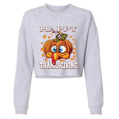 Cute Happy Thanksgiving Pumpkin Turkey Face Gift Cropped Pullover Crew