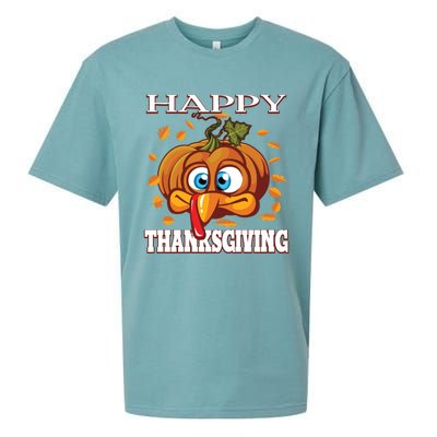 Cute Happy Thanksgiving Pumpkin Turkey Face Gift Sueded Cloud Jersey T-Shirt