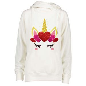 Cute Heart Valentine's Day Unicorn Face Great Gift Womens Funnel Neck Pullover Hood