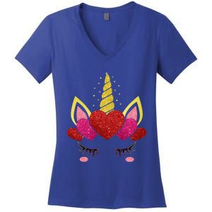 Cute Heart Valentine's Day Unicorn Face Great Gift Women's V-Neck T-Shirt