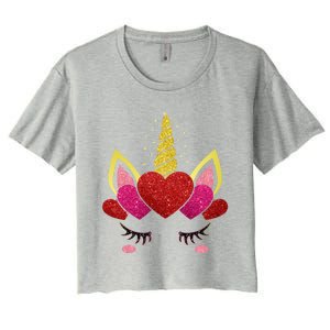 Cute Heart Valentine's Day Unicorn Face Great Gift Women's Crop Top Tee