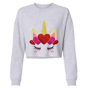 Cute Heart Valentine's Day Unicorn Face Great Gift Cropped Pullover Crew