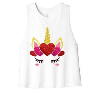 Cute Heart Valentine's Day Unicorn Face Great Gift Women's Racerback Cropped Tank