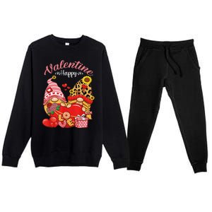 Cute Happy Valentines Day Gnomes With Leopard Sunflower Valentine Day Premium Crewneck Sweatsuit Set