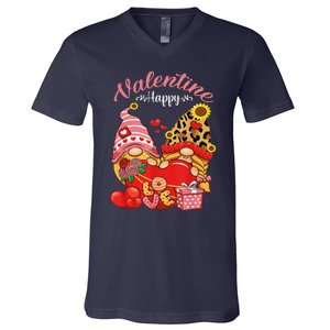 Cute Happy Valentines Day Gnomes With Leopard Sunflower Valentine Day V-Neck T-Shirt