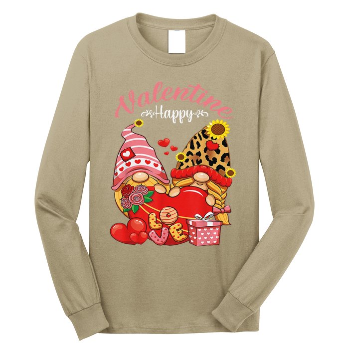 Cute Happy Valentines Day Gnomes With Leopard Sunflower Valentine Day Long Sleeve Shirt