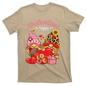 Cute Happy Valentines Day Gnomes With Leopard Sunflower Valentine Day T-Shirt