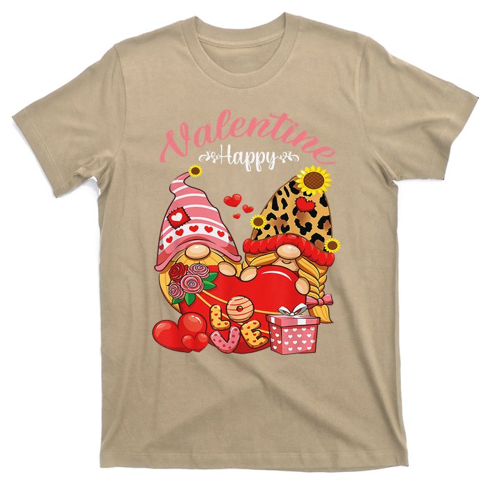 Cute Happy Valentines Day Gnomes With Leopard Sunflower Valentine Day T-Shirt