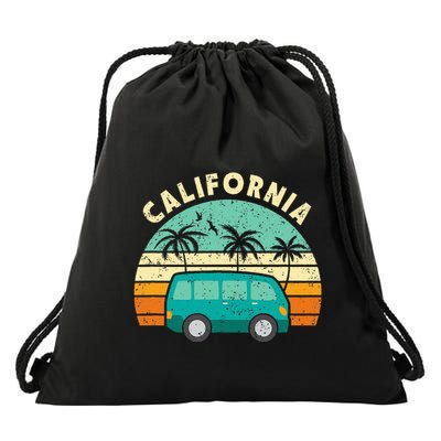 California Hippie Van Surfer Palm Tree Beach Vibes Drawstring Bag