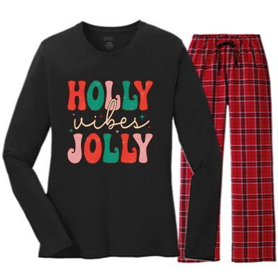 Cute Holly Vibes Jolly Women's Long Sleeve Flannel Pajama Set 