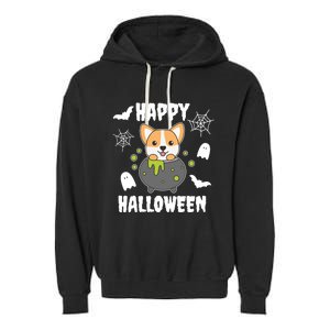 Corgi Halloween Witchs Cauldron Bat Happy Halloween Cute Gift Garment-Dyed Fleece Hoodie